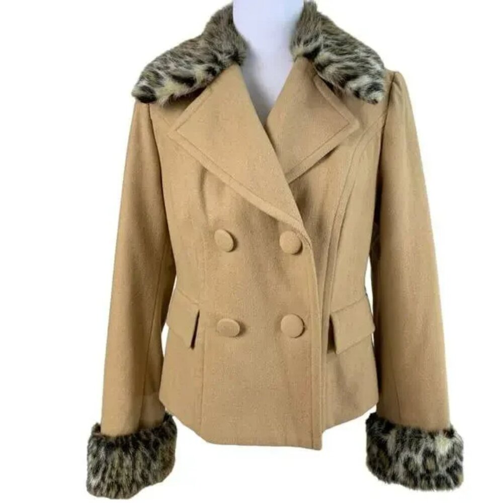 INC WOMENS WOOL BLEND PEA COAT FAUX FUR TRIM